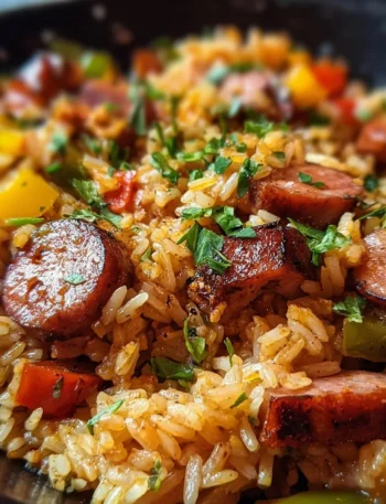 Cajun Sausage and Rice Skillet served in a colorful cast iron pan