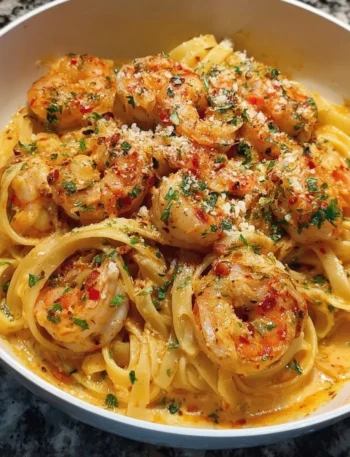 Delicious Cajun shrimp pasta garnished with herbs and spices, served in a bowl.