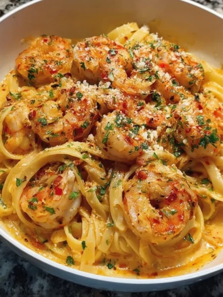 Delicious Cajun shrimp pasta garnished with herbs and spices, served in a bowl.