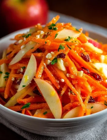 Fresh and vibrant Carrot Apple Salad served in a bowl with colorful ingredients.