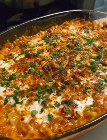 Cheesy Maggi Pasta Bake topped with melted cheese and herbs