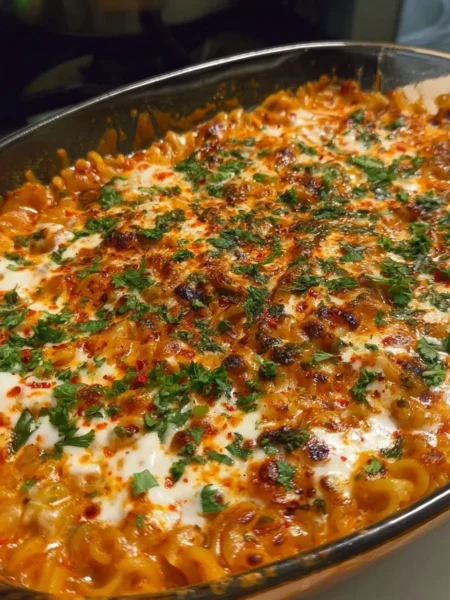 Cheesy Maggi Pasta Bake topped with melted cheese and herbs