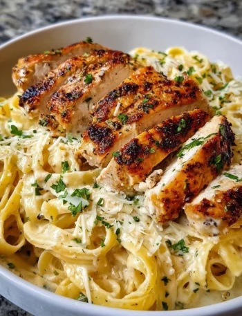 Creamy Chicken Alfredo pasta dish garnished with parsley