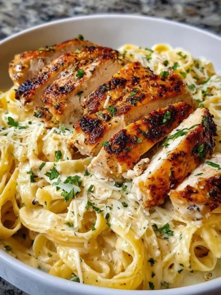 Creamy Chicken Alfredo pasta dish garnished with parsley