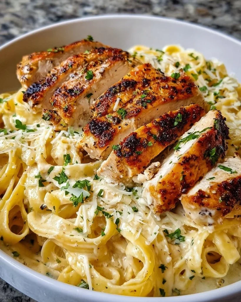 Creamy Chicken Alfredo pasta dish garnished with parsley