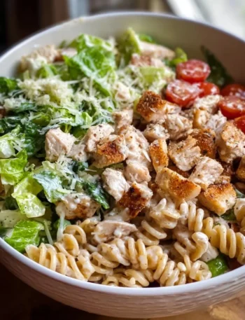Chicken Caesar Pasta Salad with grilled chicken, romaine, and Caesar dressing.