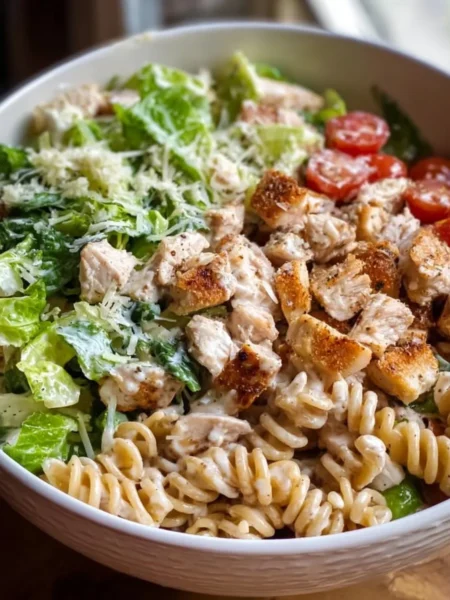 Chicken Caesar Pasta Salad with grilled chicken, romaine, and Caesar dressing.