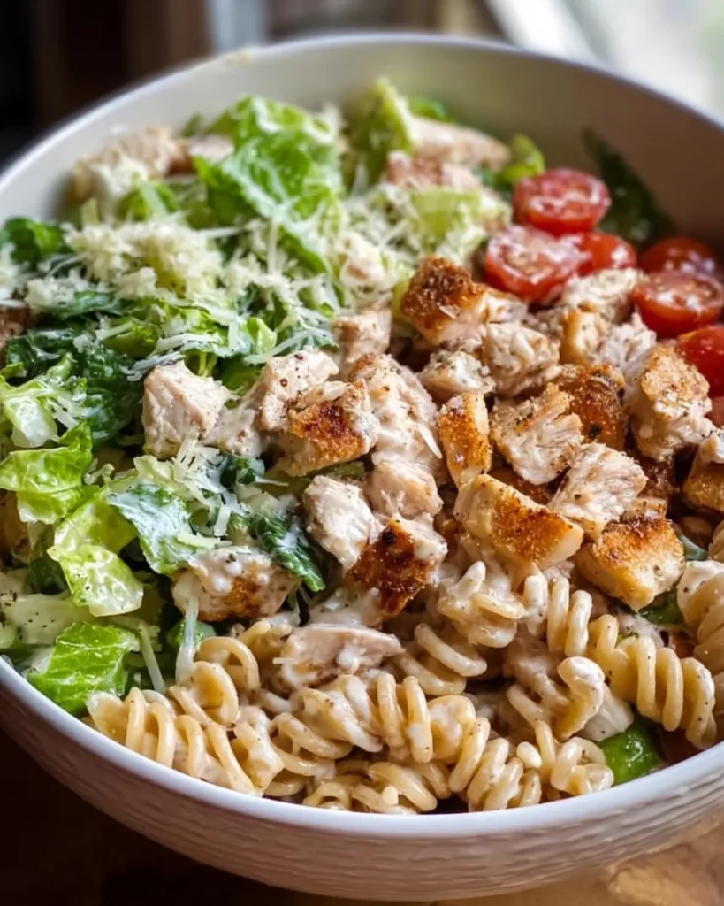 Chicken Caesar Pasta Salad with grilled chicken, romaine, and Caesar dressing.
