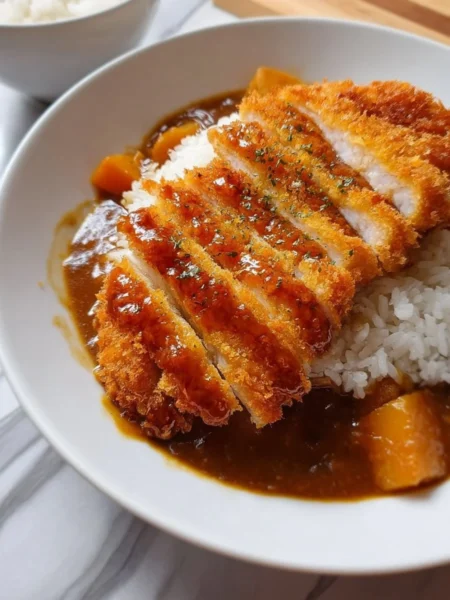 Delicious Chicken Katsu Curry served on a plate with rice and vegetables
