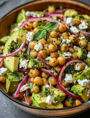 Chickpea Feta Avocado Salad with colorful vegetables in a bowl