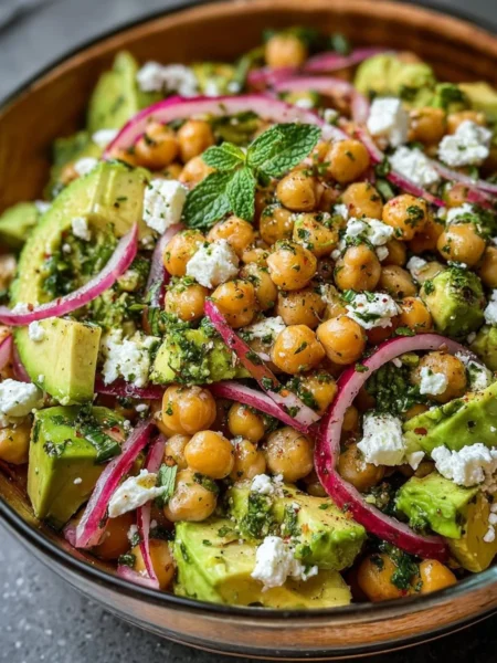 Chickpea Feta Avocado Salad with colorful vegetables in a bowl