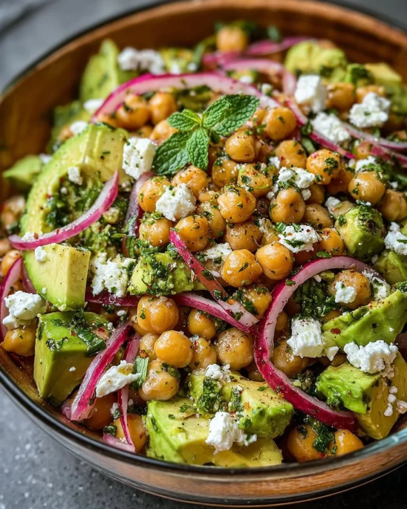 Chickpea Feta Avocado Salad with colorful vegetables in a bowl