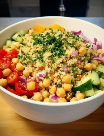 Colorful Chickpea Quinoa Salad with fresh vegetables and herbs
