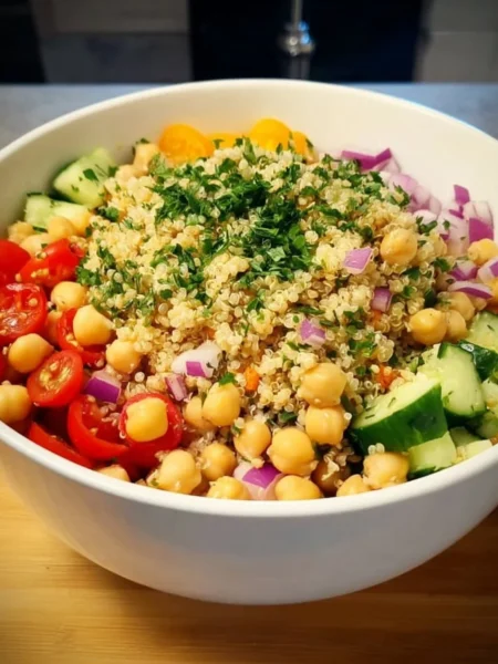 Colorful Chickpea Quinoa Salad with fresh vegetables and herbs