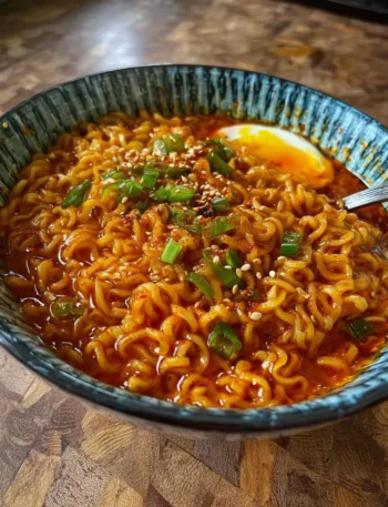 A bowl of Chili Oil Shin Ramyun noodles topped with chili oil and garnished with green onions.