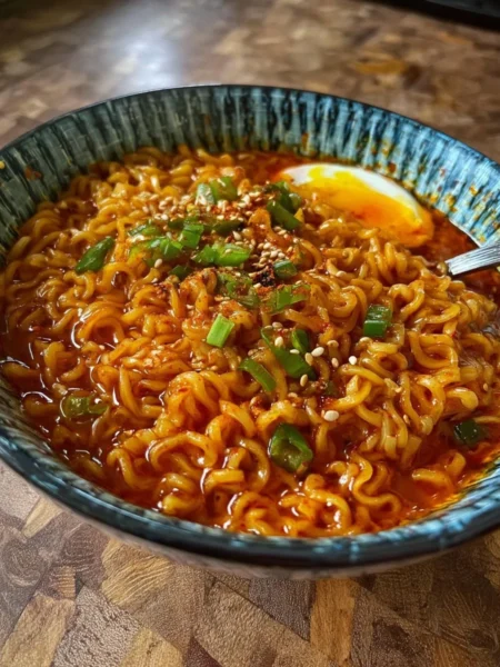 A bowl of Chili Oil Shin Ramyun noodles topped with chili oil and garnished with green onions.