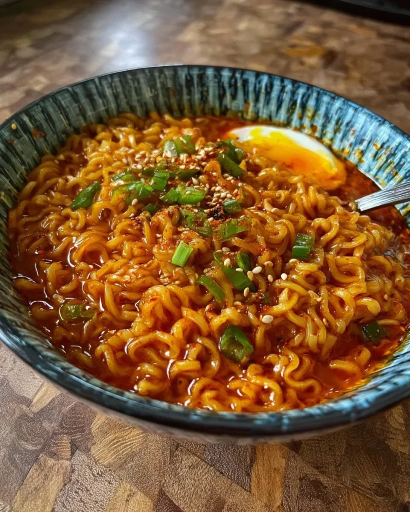 A bowl of Chili Oil Shin Ramyun noodles topped with chili oil and garnished with green onions.