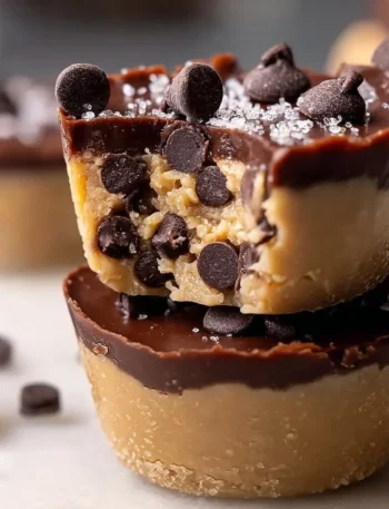 Delicious chocolate chip cookie dough cups topped with chocolate chips.