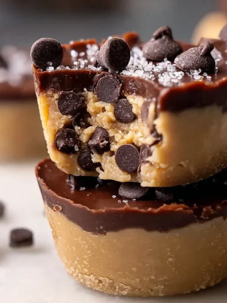 Delicious chocolate chip cookie dough cups topped with chocolate chips.