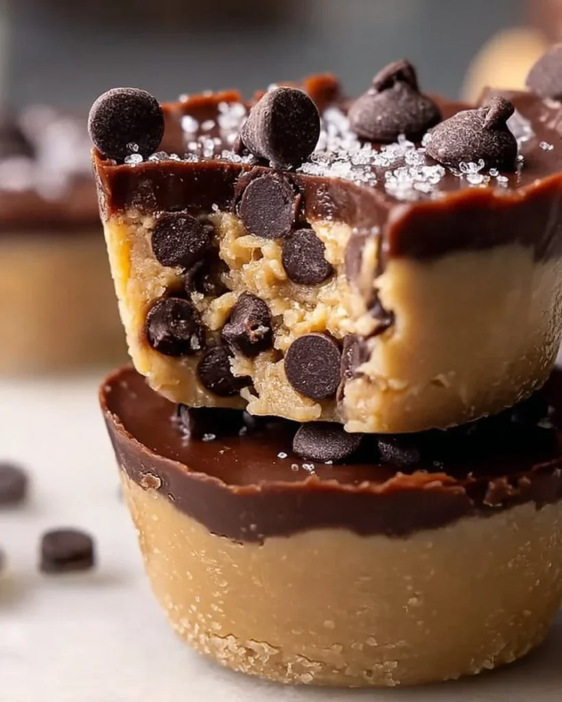 Delicious chocolate chip cookie dough cups topped with chocolate chips.