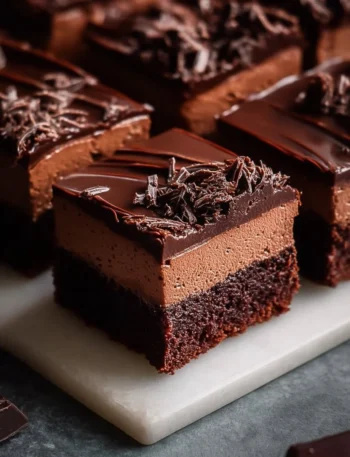 Delicious Chocolate Mousse Brownies topped with creamy chocolate mousse.