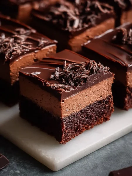 Delicious Chocolate Mousse Brownies topped with creamy chocolate mousse.