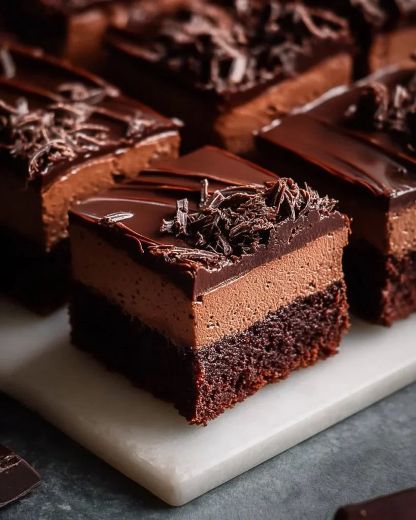 Delicious Chocolate Mousse Brownies topped with creamy chocolate mousse.