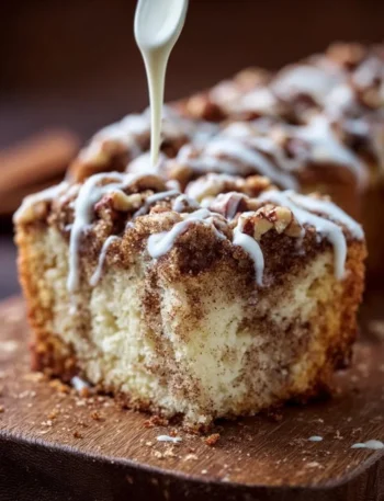 Delicious homemade coffee cake with a crumbly topping and served on a plate.