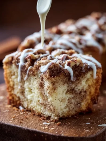 Delicious homemade coffee cake with a crumbly topping and served on a plate.
