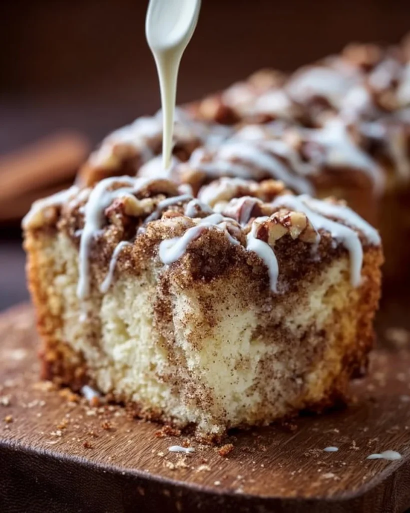 Delicious homemade coffee cake with a crumbly topping and served on a plate.