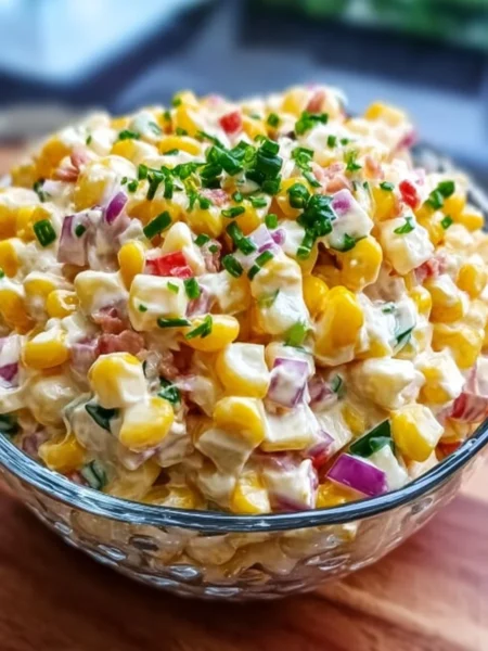 Creamy corn salad served in a bowl with fresh herbs