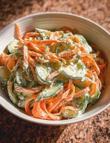 Creamy cucumber and carrot salad in a bowl, garnished with herbs.