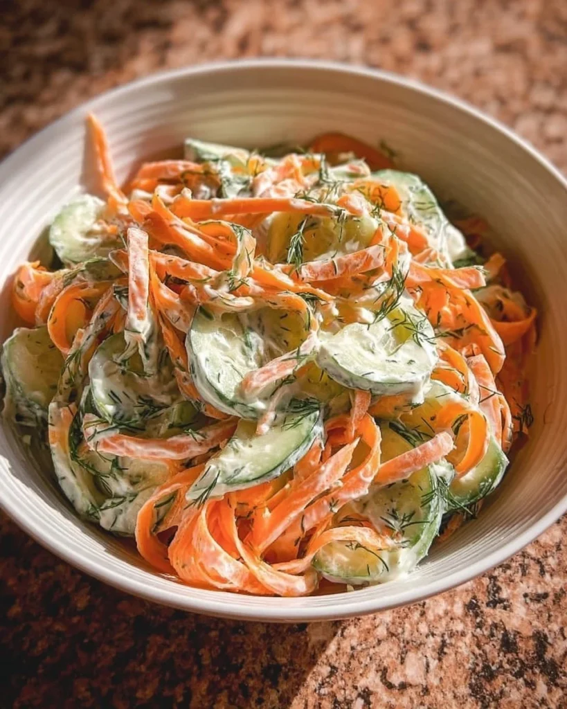 Creamy cucumber and carrot salad in a bowl, garnished with herbs.