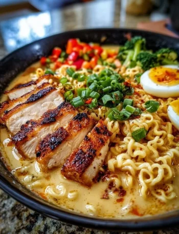 Creamy garlic chicken ramen bowl garnished with herbs and spices