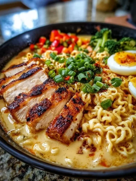 Creamy garlic chicken ramen bowl garnished with herbs and spices