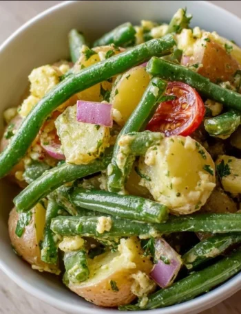 Creamy green bean potato salad in a bowl with fresh ingredients