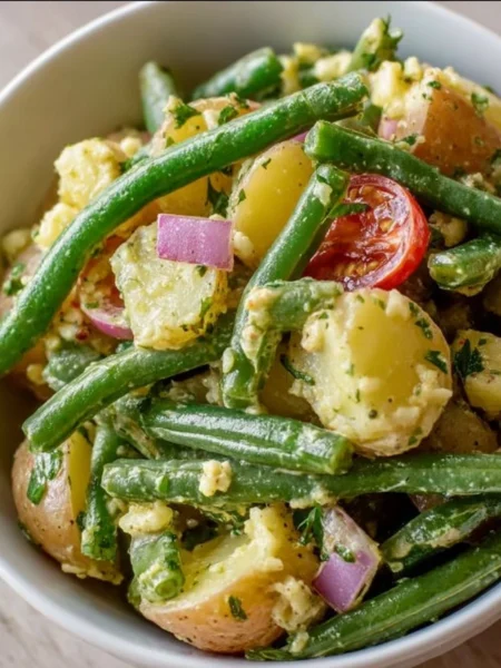 Creamy green bean potato salad in a bowl with fresh ingredients