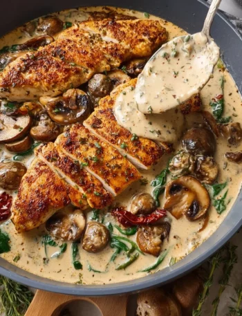 Creamy mushroom chicken dish garnished with herbs