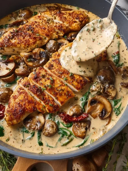 Creamy mushroom chicken dish garnished with herbs