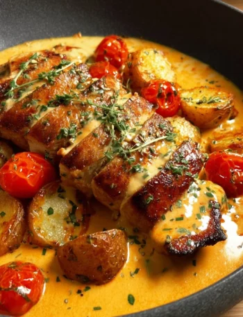 Creamy tomato chicken breast served with fresh herbs and pasta