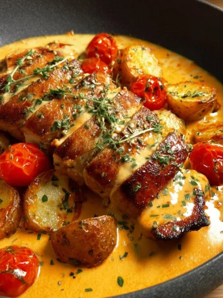 Creamy tomato chicken breast served with fresh herbs and pasta