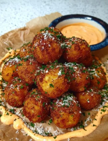 Crispy vegan potato balls served with Sriracha mayo in a bowl