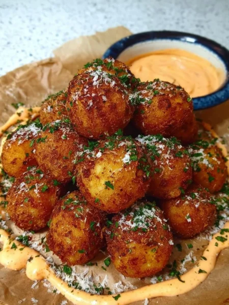 Crispy vegan potato balls served with Sriracha mayo in a bowl