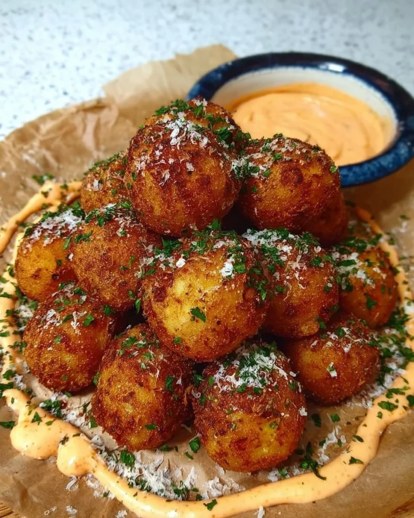 Crispy vegan potato balls served with Sriracha mayo in a bowl
