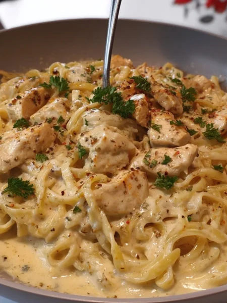Creamy Dairy Free Chicken Alfredo dish served in a bowl