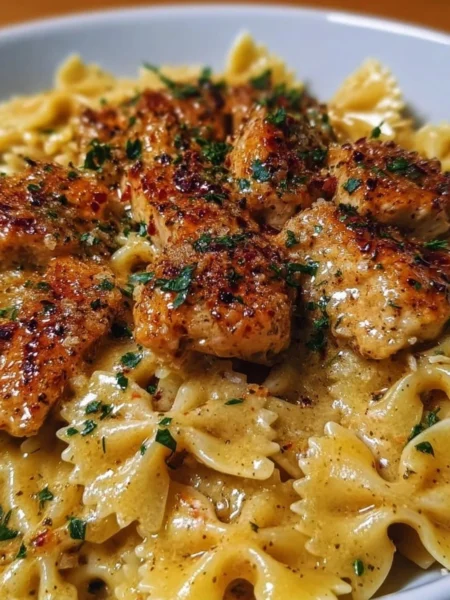Garlic Butter Chicken served over bowtie pasta with herbs