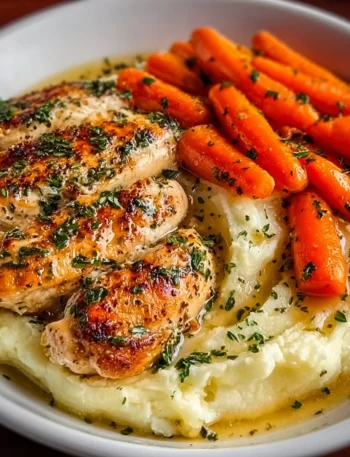Plate of garlic herb chicken served with creamy mashed potatoes and glazed carrots