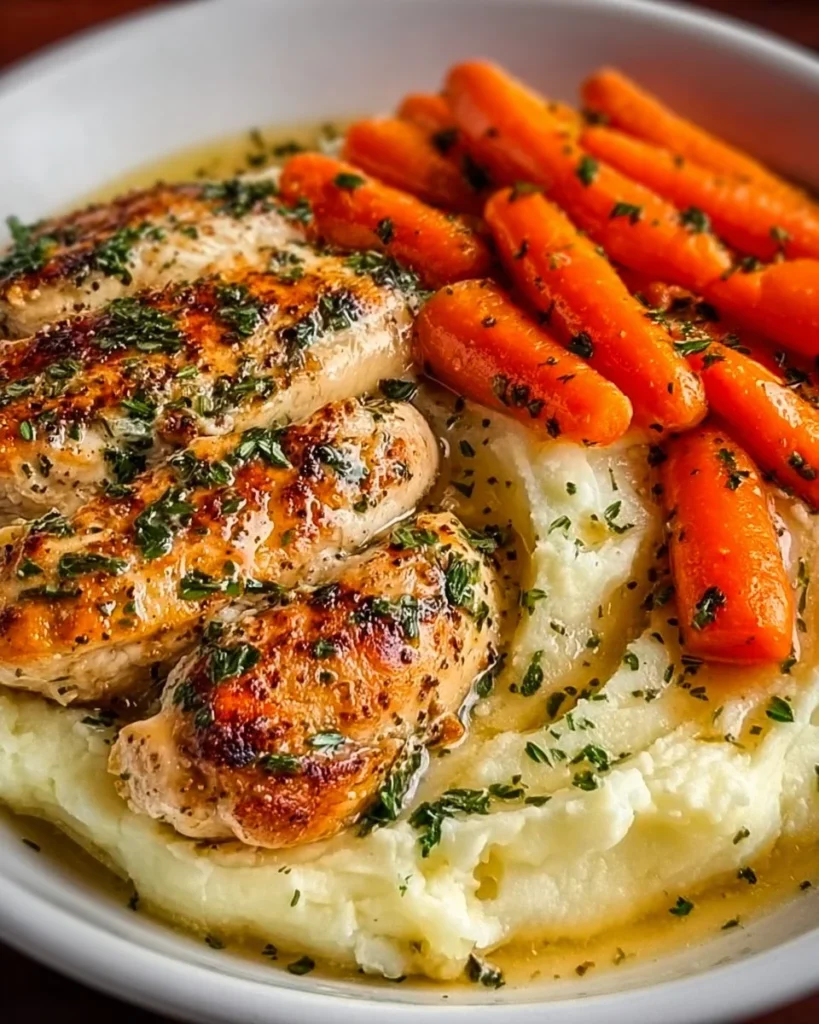 Plate of garlic herb chicken served with creamy mashed potatoes and glazed carrots