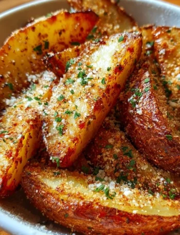 Bowl of crispy Garlic Parmesan Potato Wedges topped with herbs