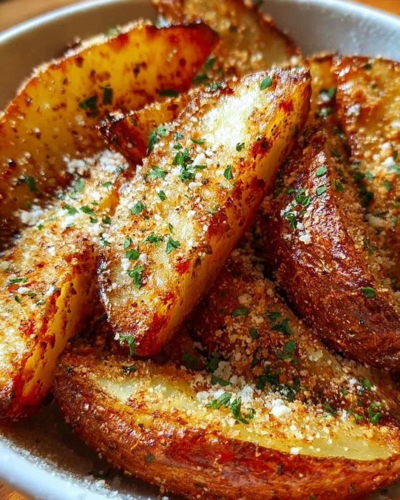 Bowl of crispy Garlic Parmesan Potato Wedges topped with herbs
